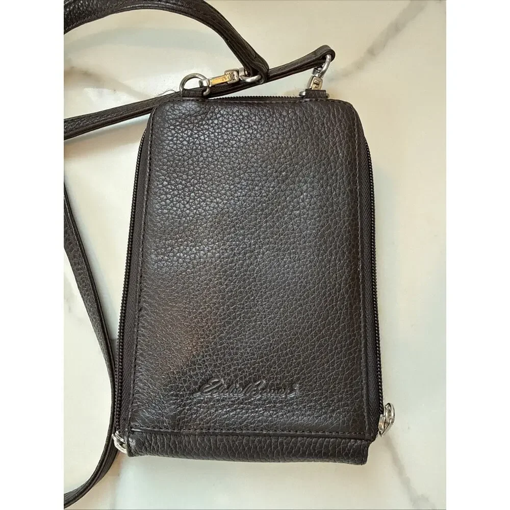 Eddie Bauer Pebbled Brown Leather Crossbody Wallet Bi-fold Passport Men Travel